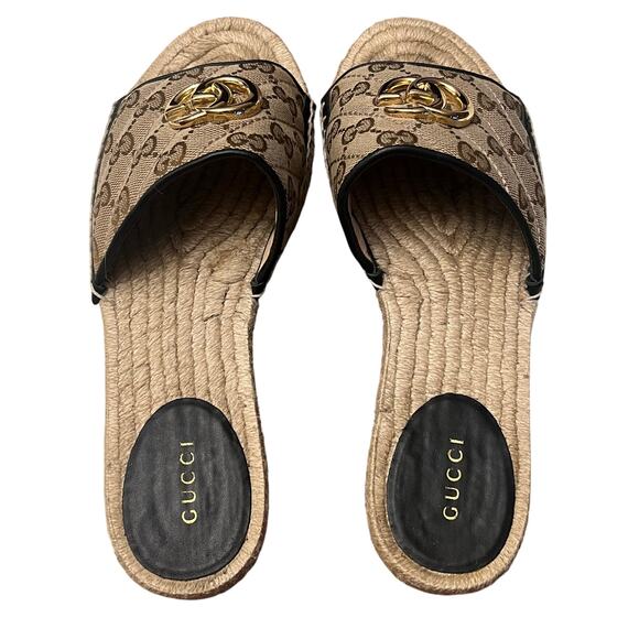 GUCCI Monogram Matelasse GG Marmont Espadrille Slide Sandals Size 38 Beige Black - Picture 14 of 16